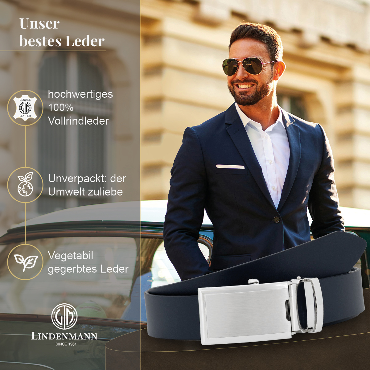 LINDENMANN eleganter Anzugautomatikgürtel für Herren aus 100% Vollrindleder in marine passend zu elegantem Stil