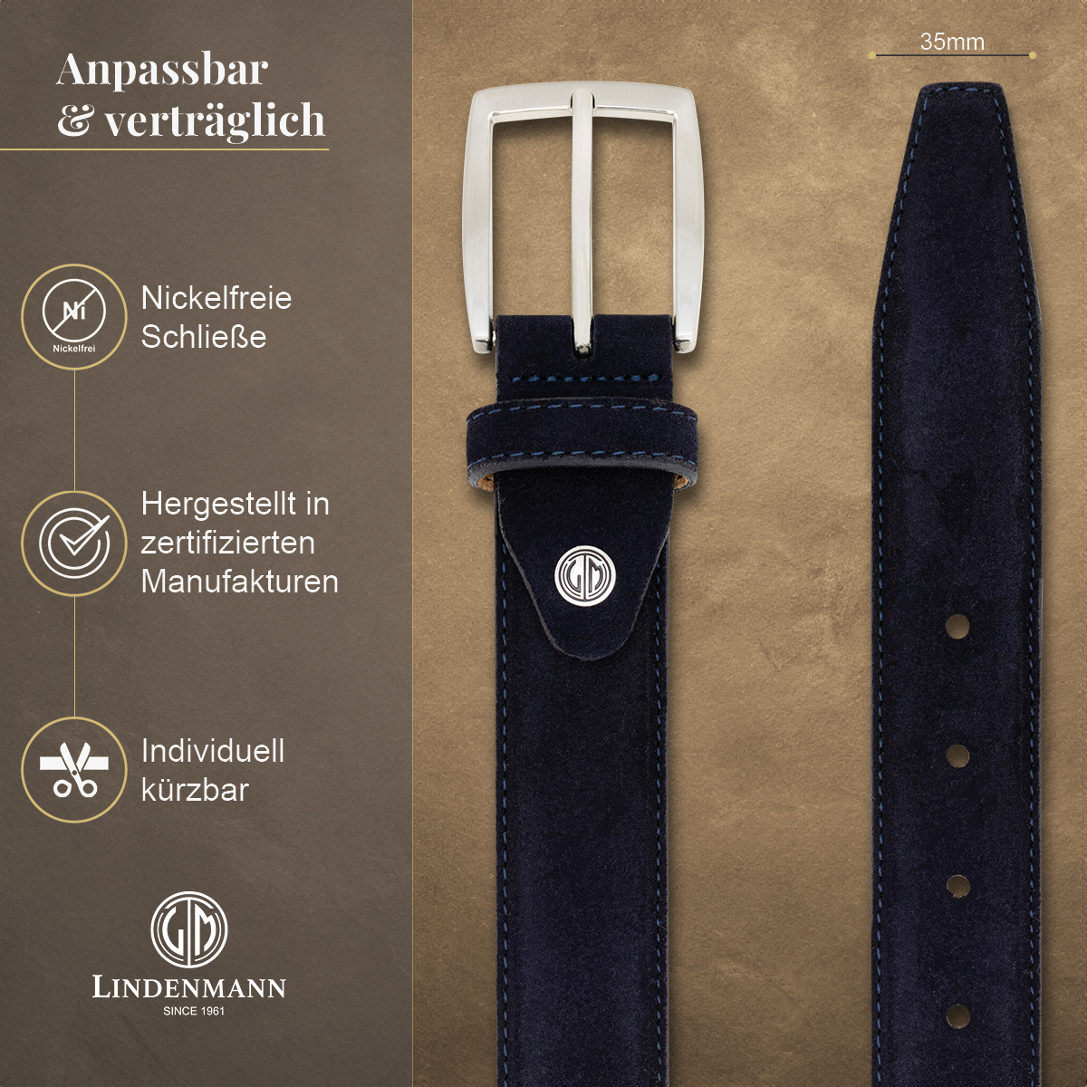 LINDENMANN Herrengürtel aus 100% Velours-Vollrindleder marine