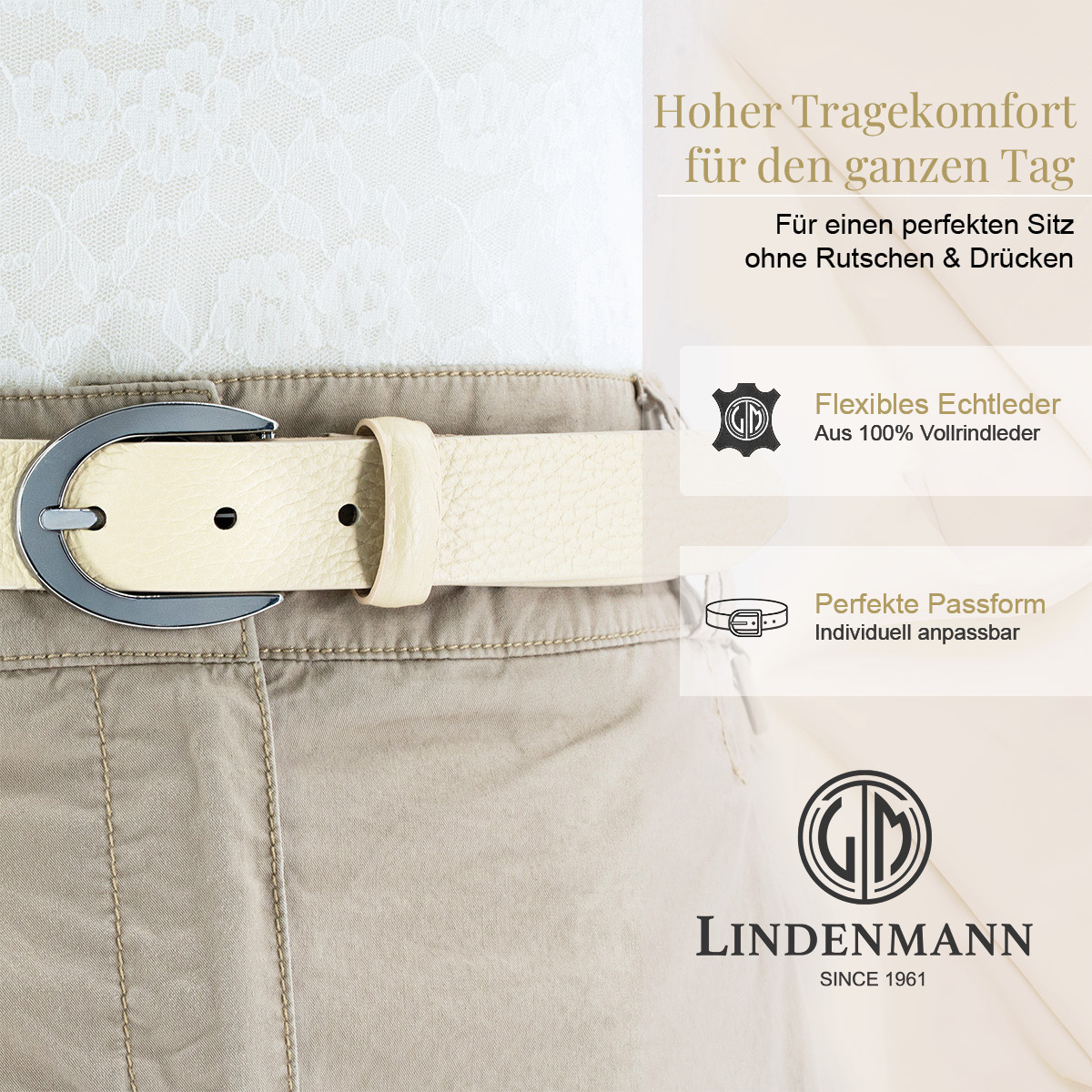 LINDENMANN Vollrindleder Damengürtel Cremebeige