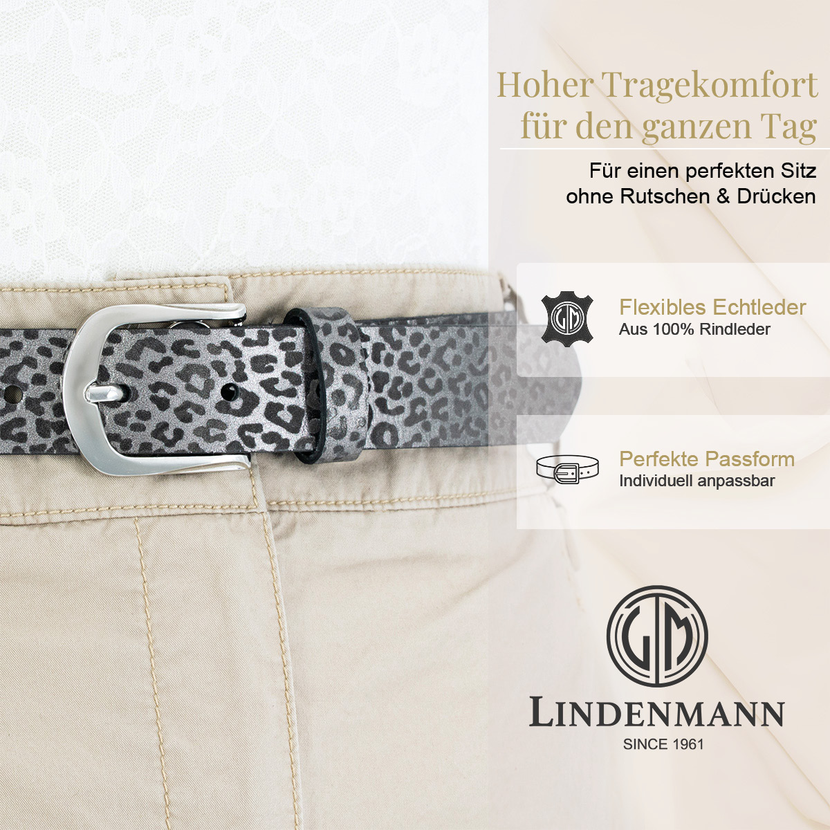 LINDENMANN Rindleder Damengürtel Grau mit Leopardmuster