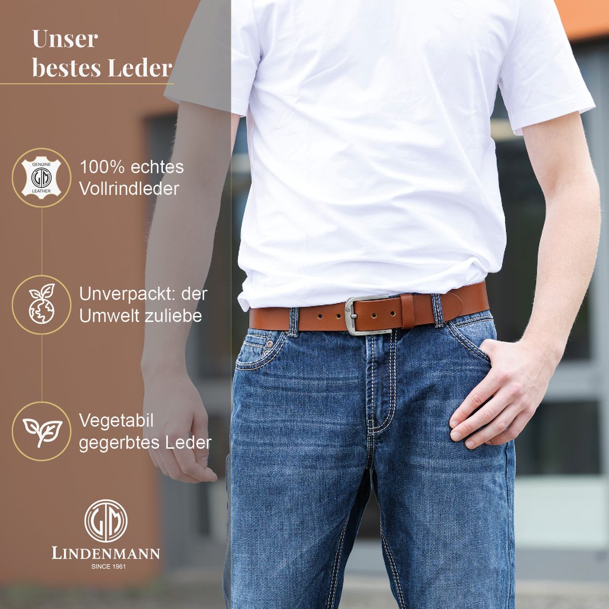 LINDENMANN Ledergürtel Jeans Herren cognac