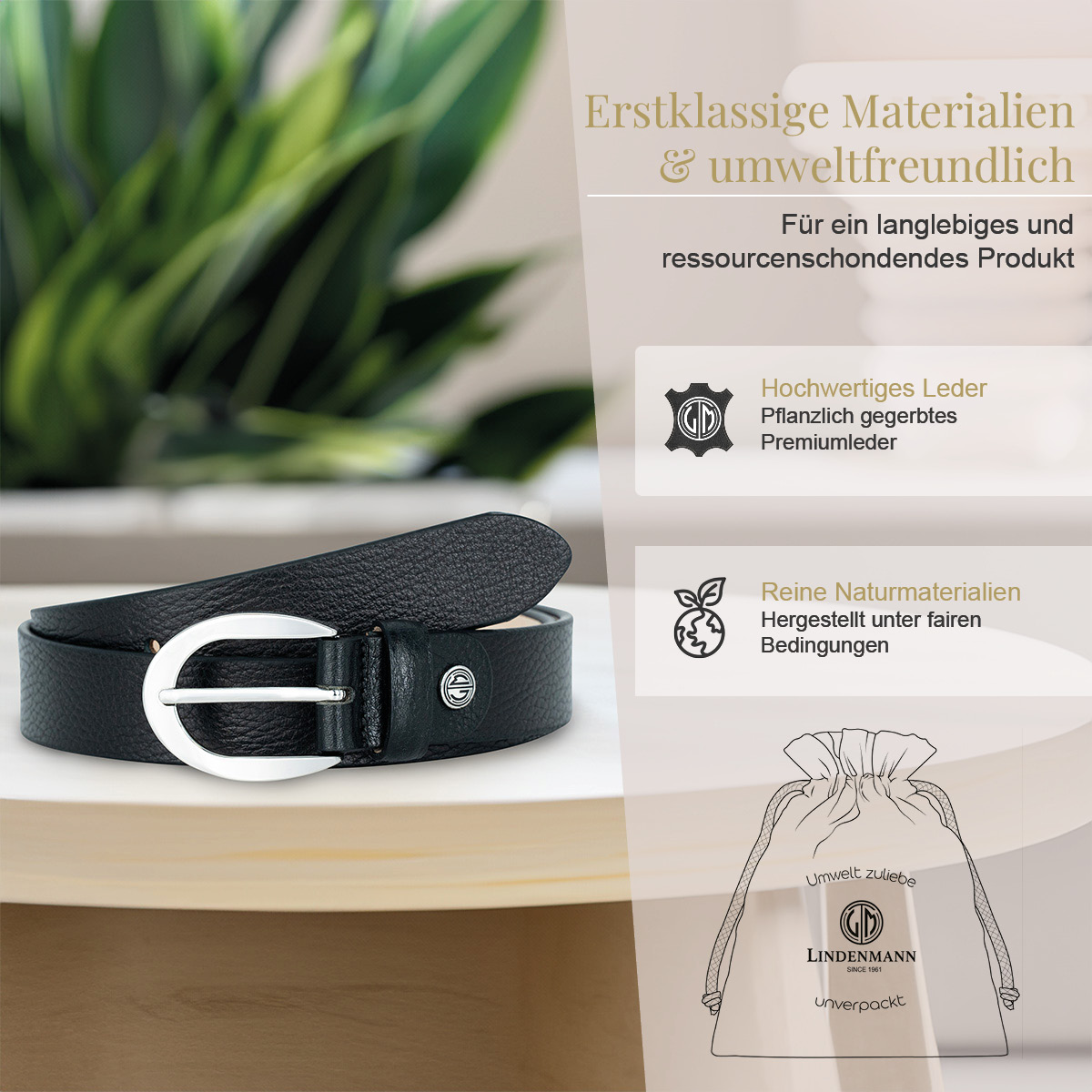 LINDENMANN Vollrindleder Damengürtel Tiefschwarz