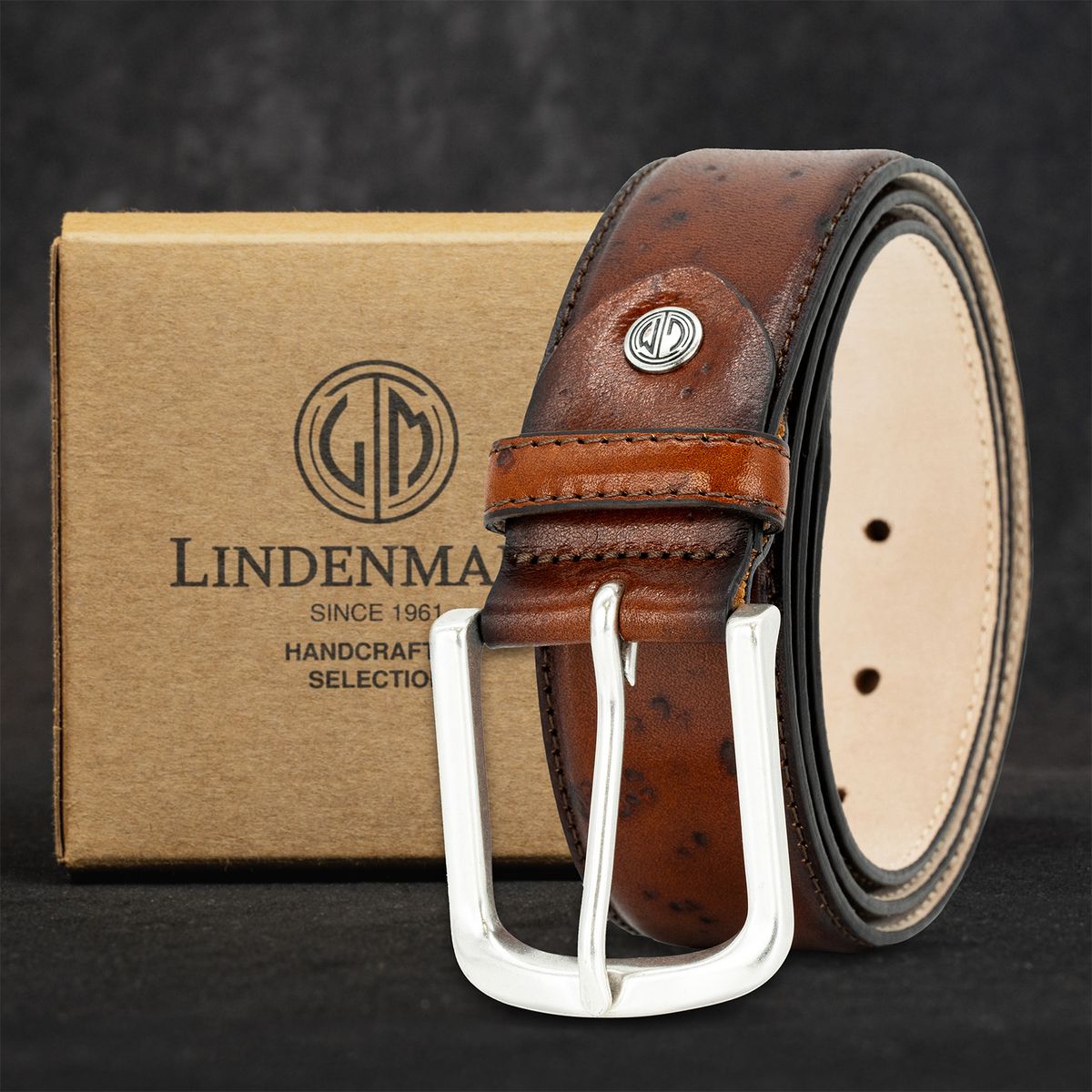 LINDENMANN Handmade Rindleder Herrengürtel Nussbraun