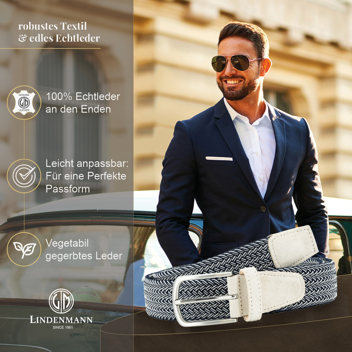 LINDENMANN Textilflechtgürtel Herrengürtel Marineblau