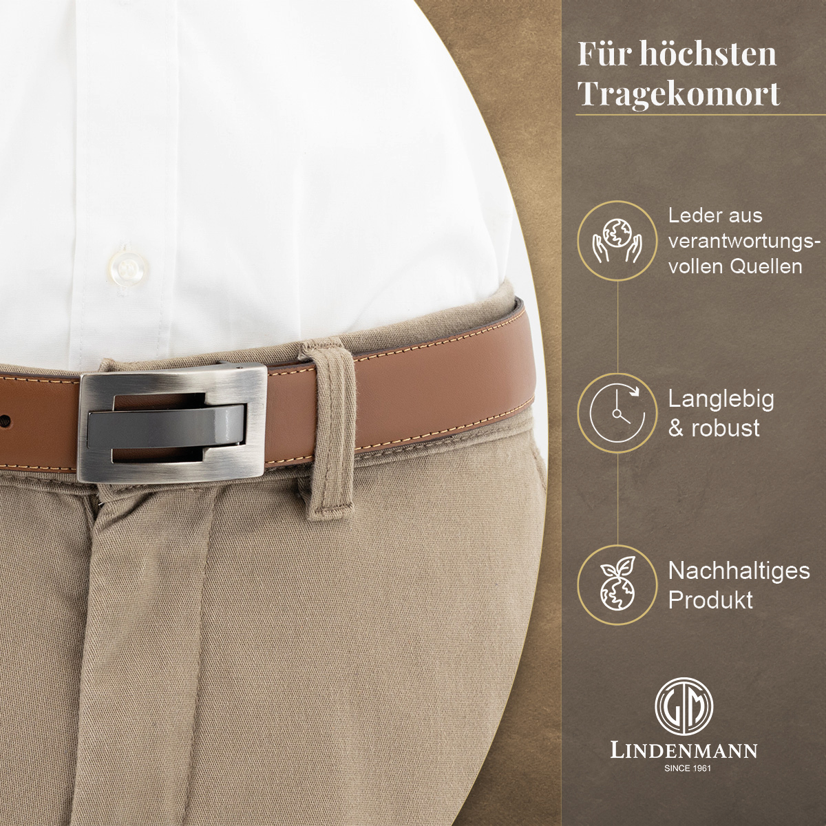 LINDENMANN Herrengürtel aus 100% Vollrindleder mit Koppelschließe cognac