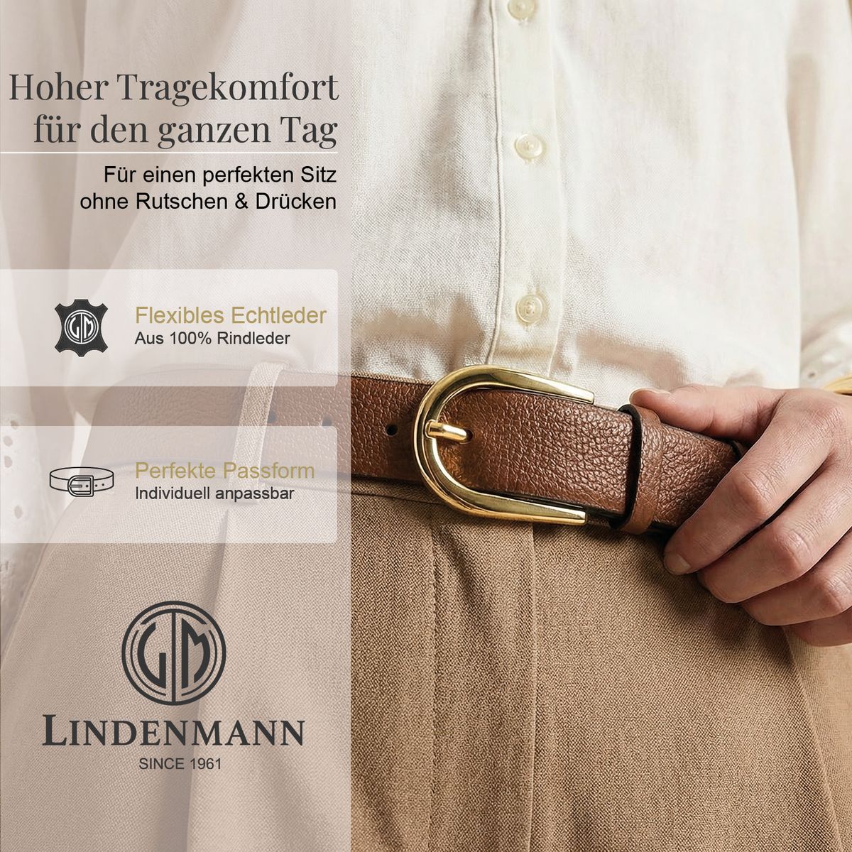 Gürtel, Leder, Braun, Goldene Schnalle, Hohe Taille Hose, LINDENMANN Damen Vollrindledergürtel aus 100% Echtleder cognac