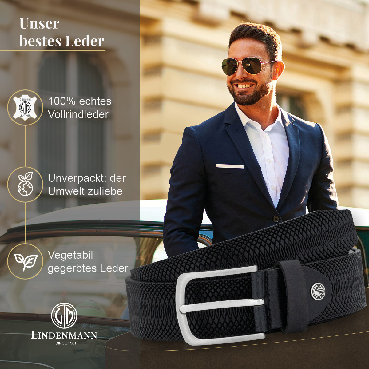 LINDENMANN Vollrindledergürtel Herren schwarz