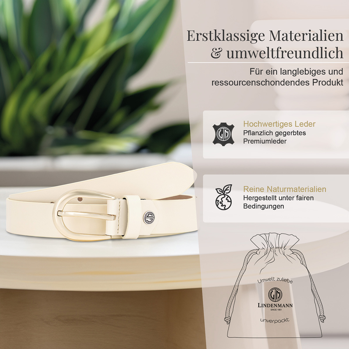 Gurt, Gürtel, Ledergürtel, cremefarben, Metallschnalle, LINDENMANN Damen Vollrindledergürtel aus 100% Echtleder beige