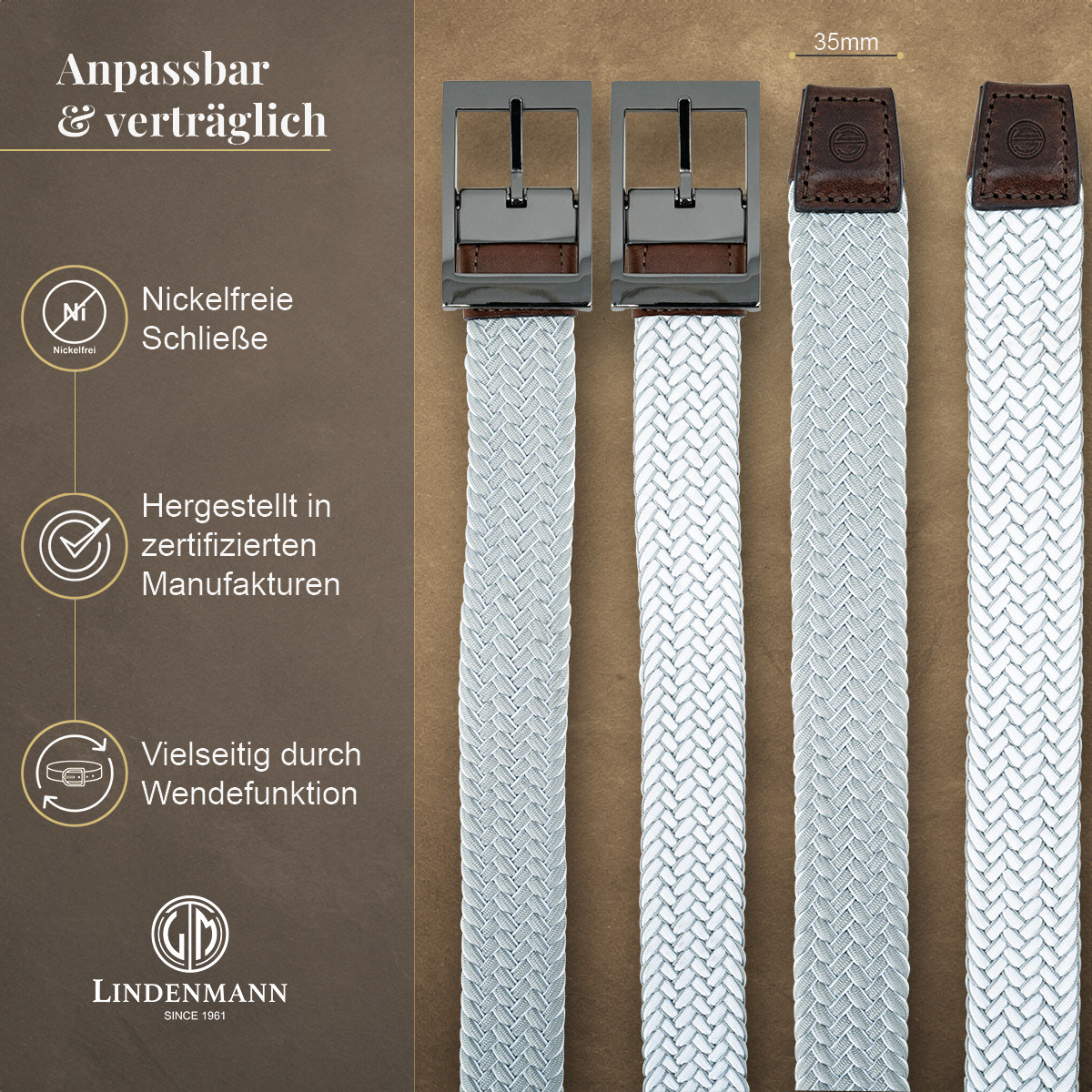 LINDENMANN Textilflechtgürtel Herrengürtel Hellgrau