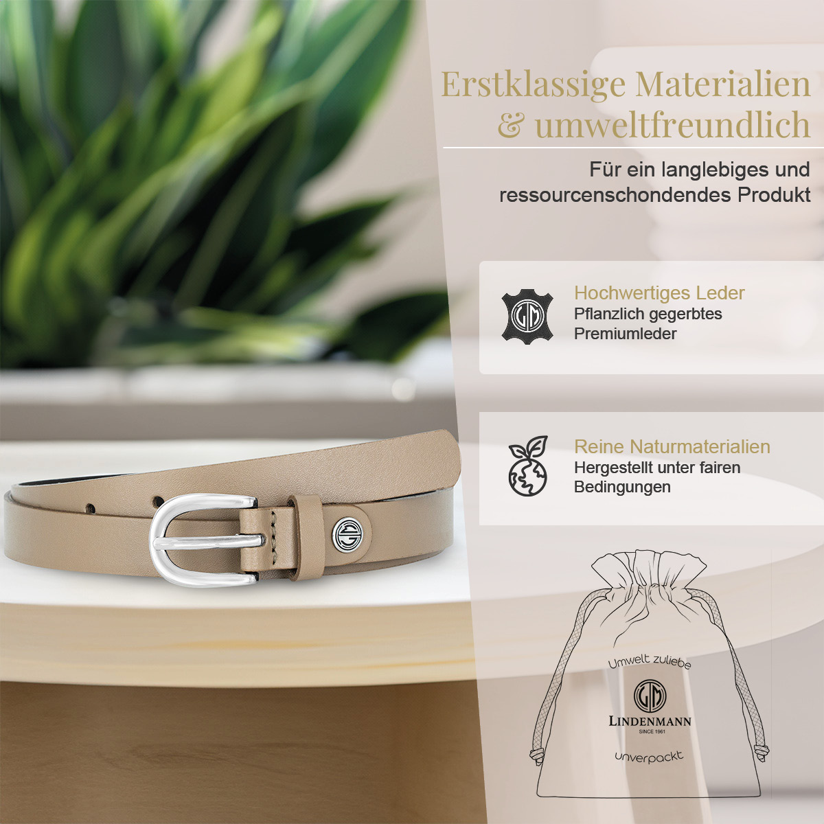 Gürtel, Leder, Beige, Metall Schnalle, Materiell bewusst, LINDENMANN Rindleder Damengürtel Taupe
