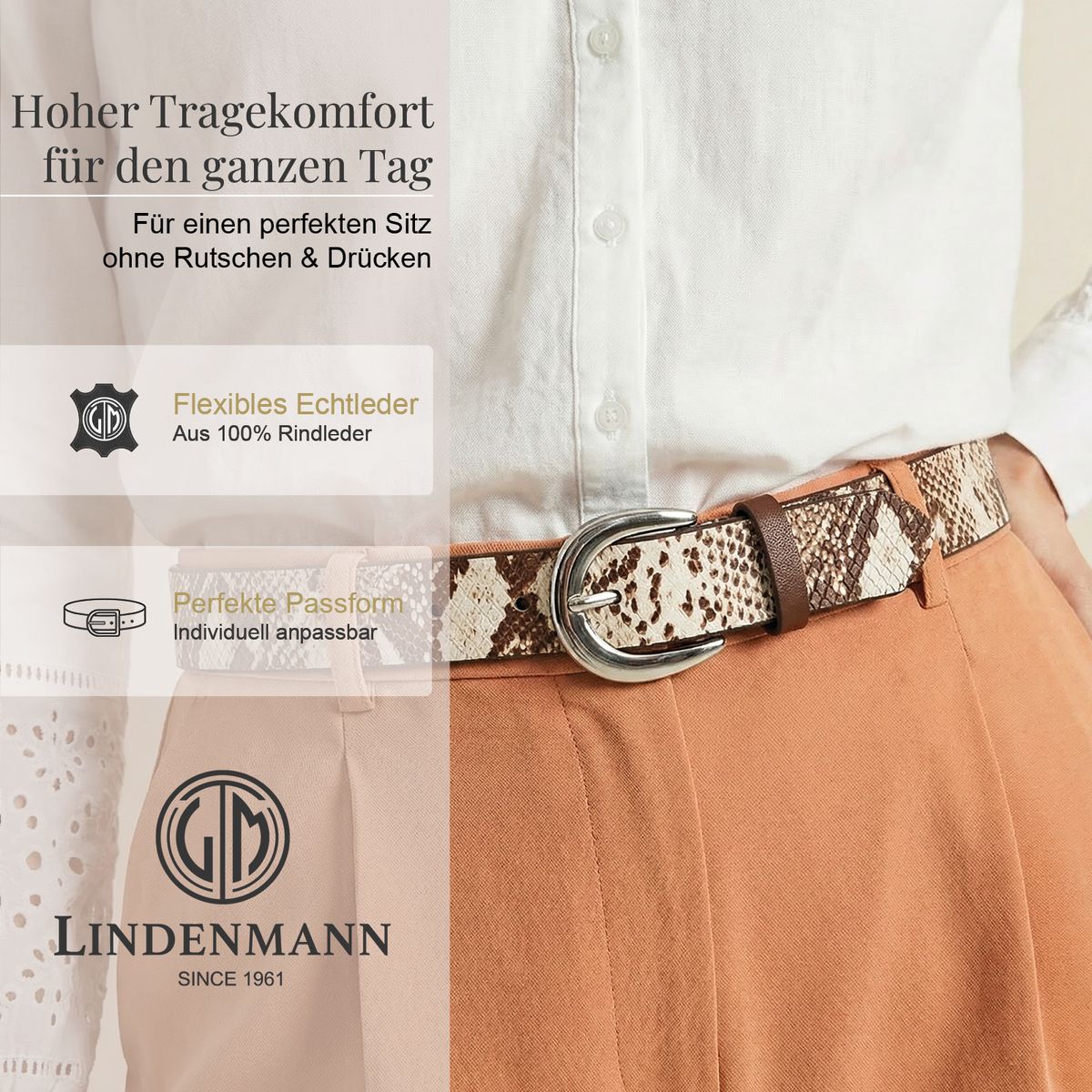 Leder Gürtel, Snake-Skin Muster, mittelbraun, High-Waist, Gürtel Hose, LINDENMANN Damen Echtledergürtel braun weiß