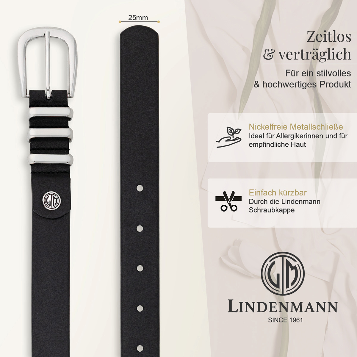 Gürtel, Ledergürtel, Schwarz, Metallöse, Schließe, LINDENMANN Damen Vollrindledergürtel aus 100% Echtleder schwarz