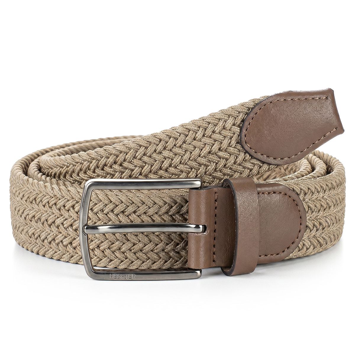 Hemdgurt, Gürtel, Häkeloptik, Braid belt, Kautschuk?, HECHTER Paris Herren Textil-Flechtgürtel mit 100% Echtlederenden taupe