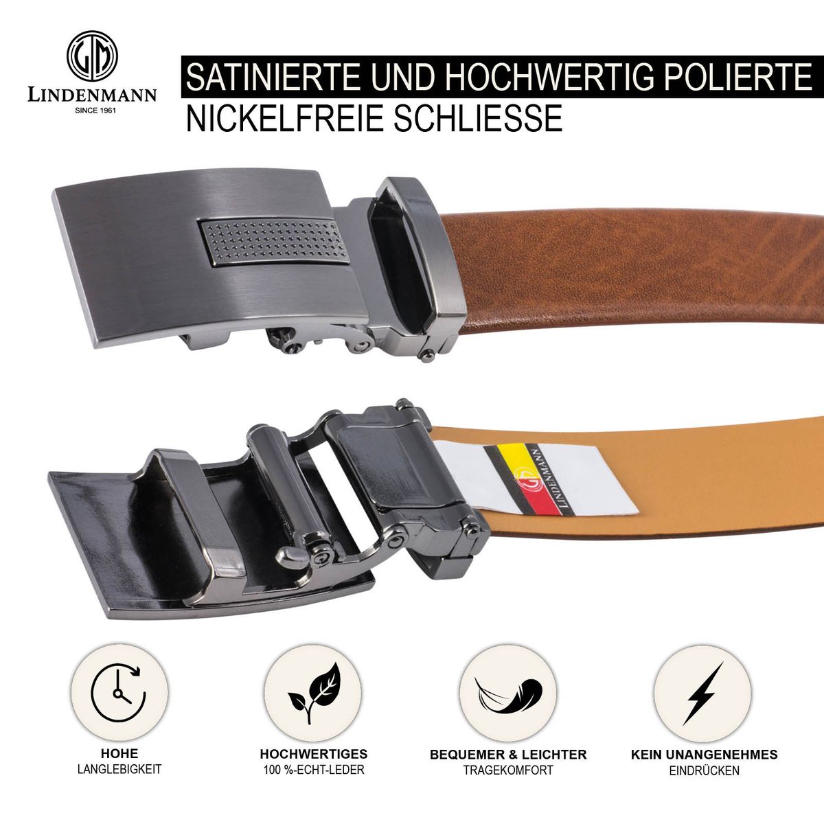 LINDENMANN Ledergürtel Herren, cognac 33 mm Leder Automatikgürtel