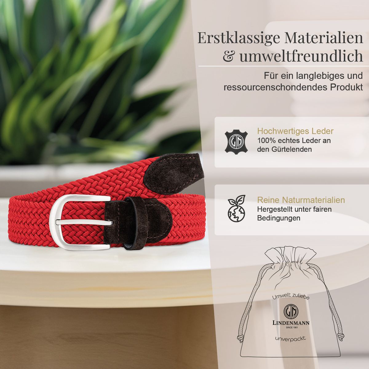 LINDENMANN Damen Stretchgürtel mit 100% Echtlederenden red