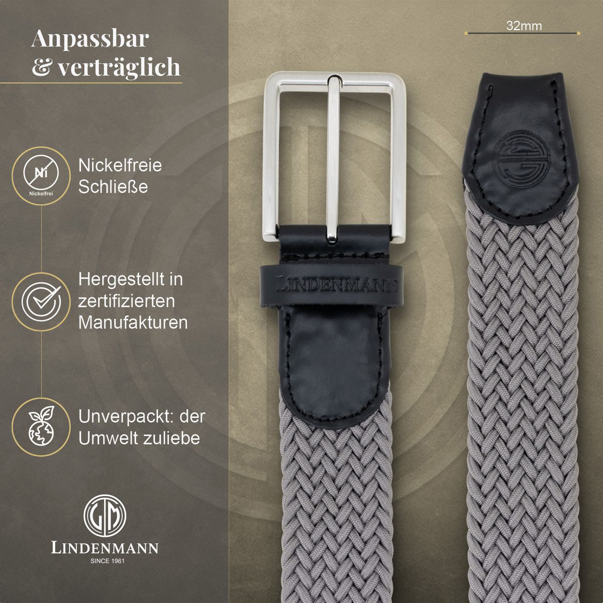 LINDENMANN Flechtgürtel Herren grau