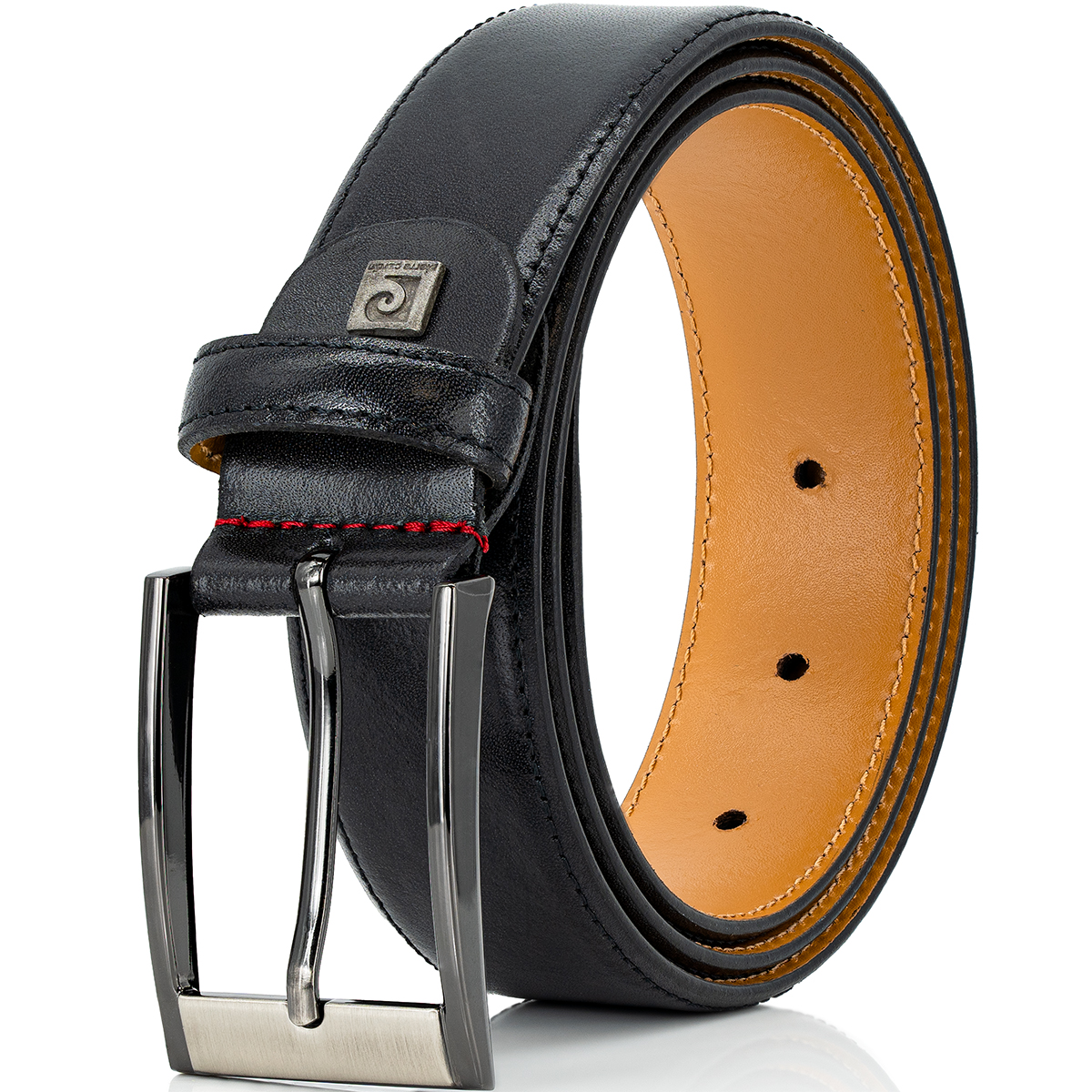 Gürtel, Leder, Dunkelblau, Stichrot, Metallschnalle, Pierre Cardin Herren-Leder-Gürtel schwarz