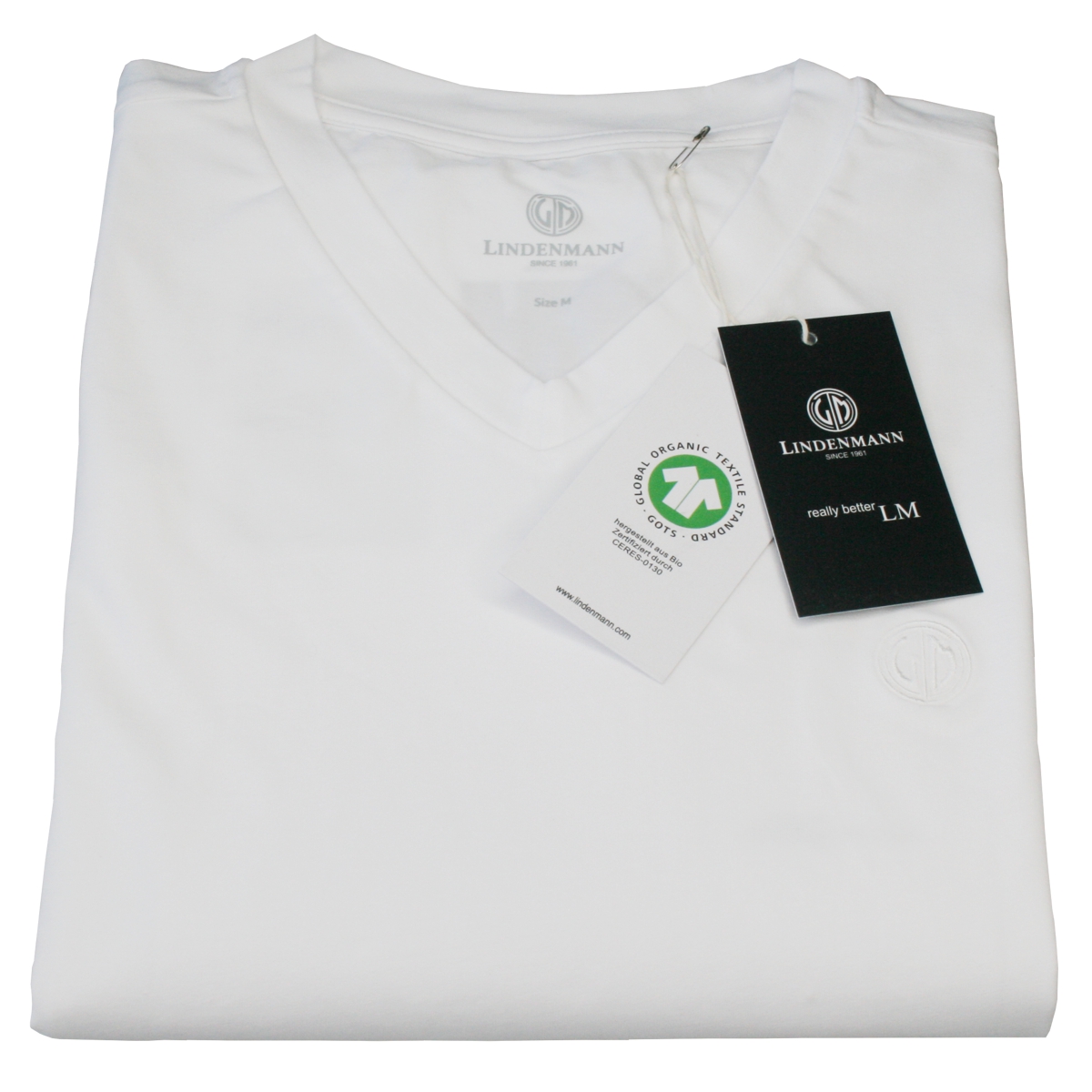 LINDENMANN T-Shirt V-Ausschnitt Bio-Baumwolle Herren Weiss