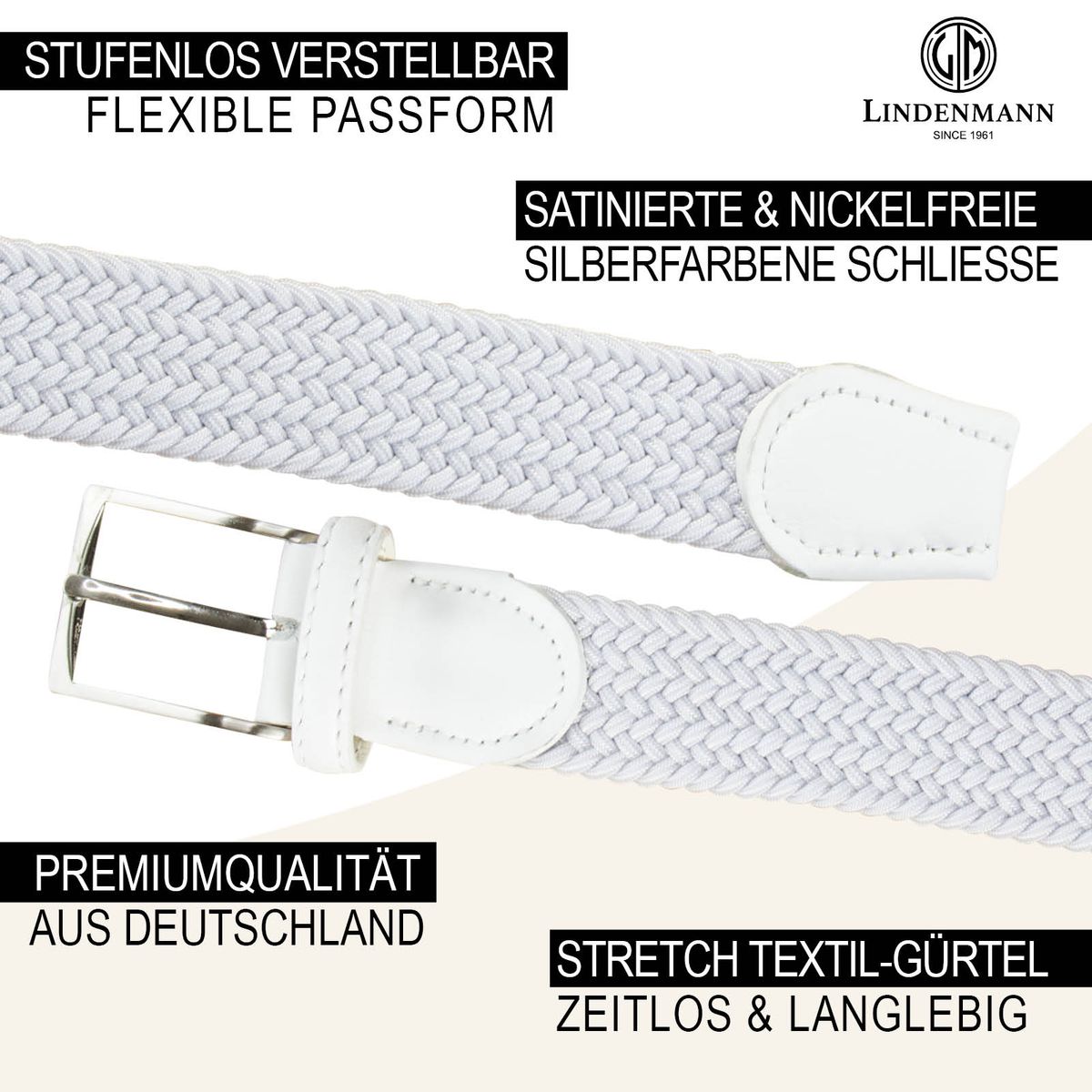 LINDENMANN Textil-Flechtgürtel Herren 35 mm weiß