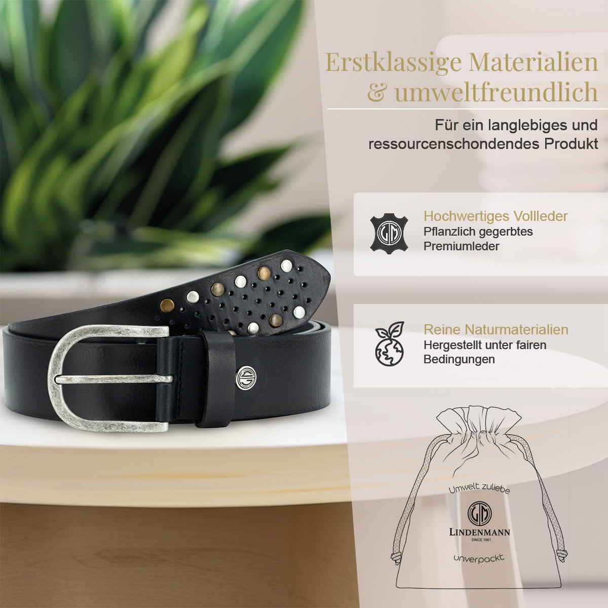 LINDENMANN Klassischer Damengürtel aus 100% Echtleder mit Nieten-Design anthrazit