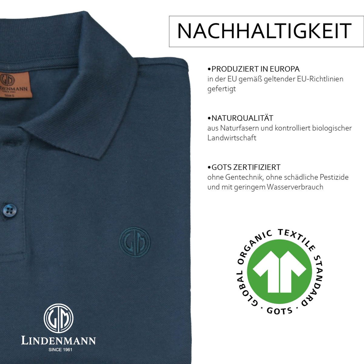 LINDENMANN Poloshirt Herren kurzarm navy blau Bio Baumwolle Made in EU