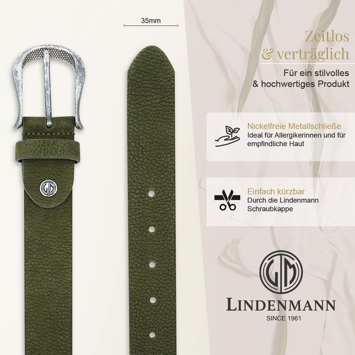 LINDENMANN Nubuk Vollrindleder Damengürtel Olivgrün