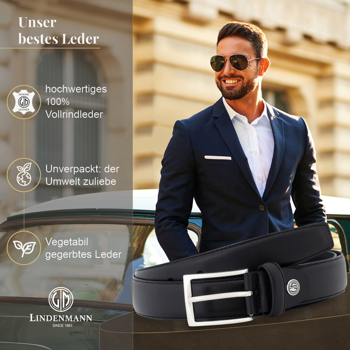 LINDENMANN Herrengürtel aus 100% Vollrindleder schwarz