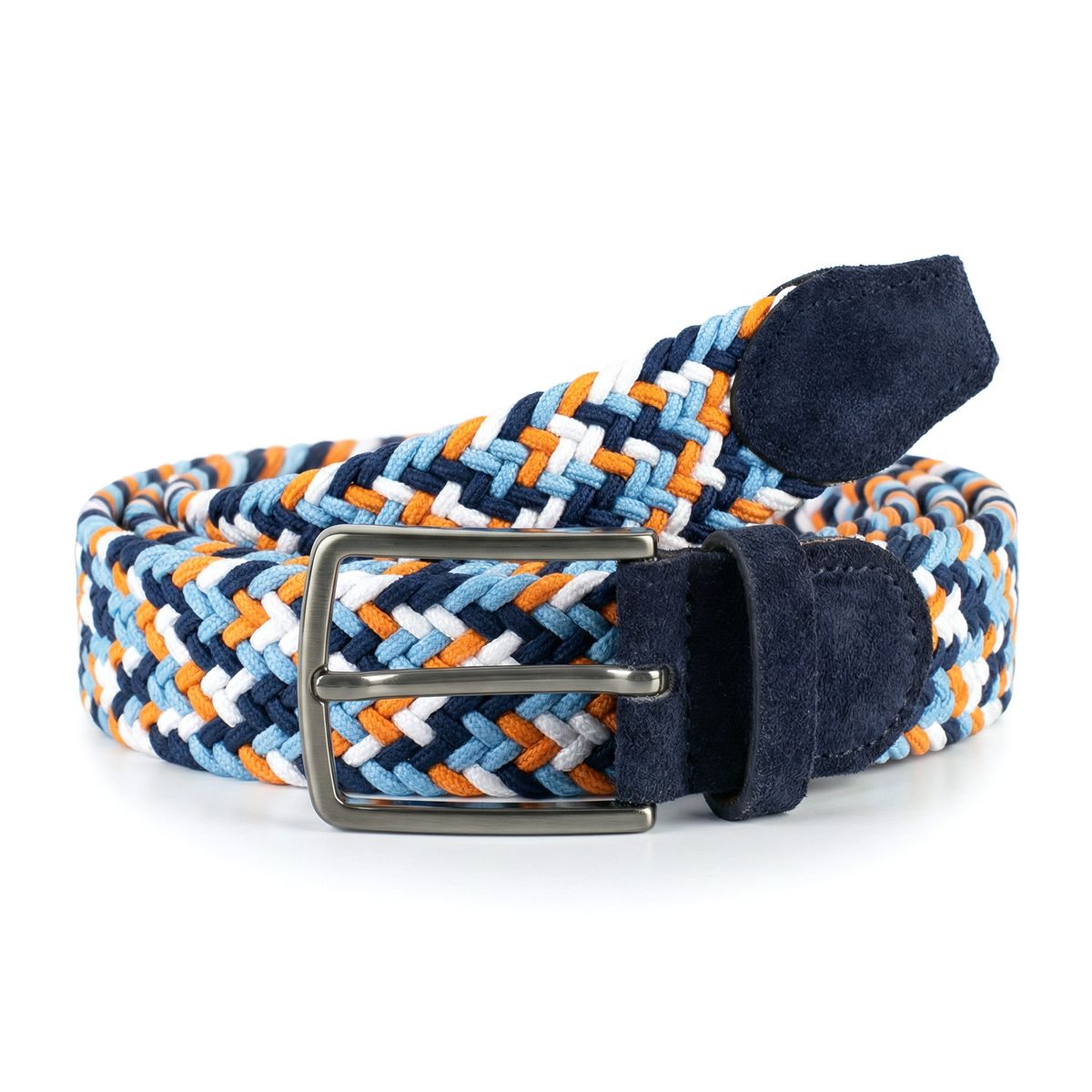 LINDENMANN Herren Flechtgürtell mit Echtlederenden mehrfarbig: marine, jeansblau, orange