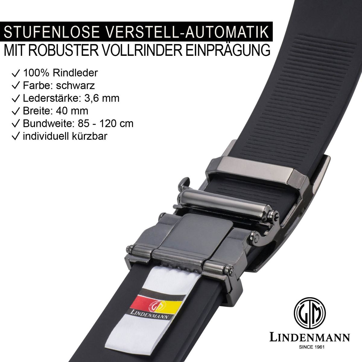 LINDENMANN Leder-Gürtel Herren Automatik 40 mm Rindleder schwarz