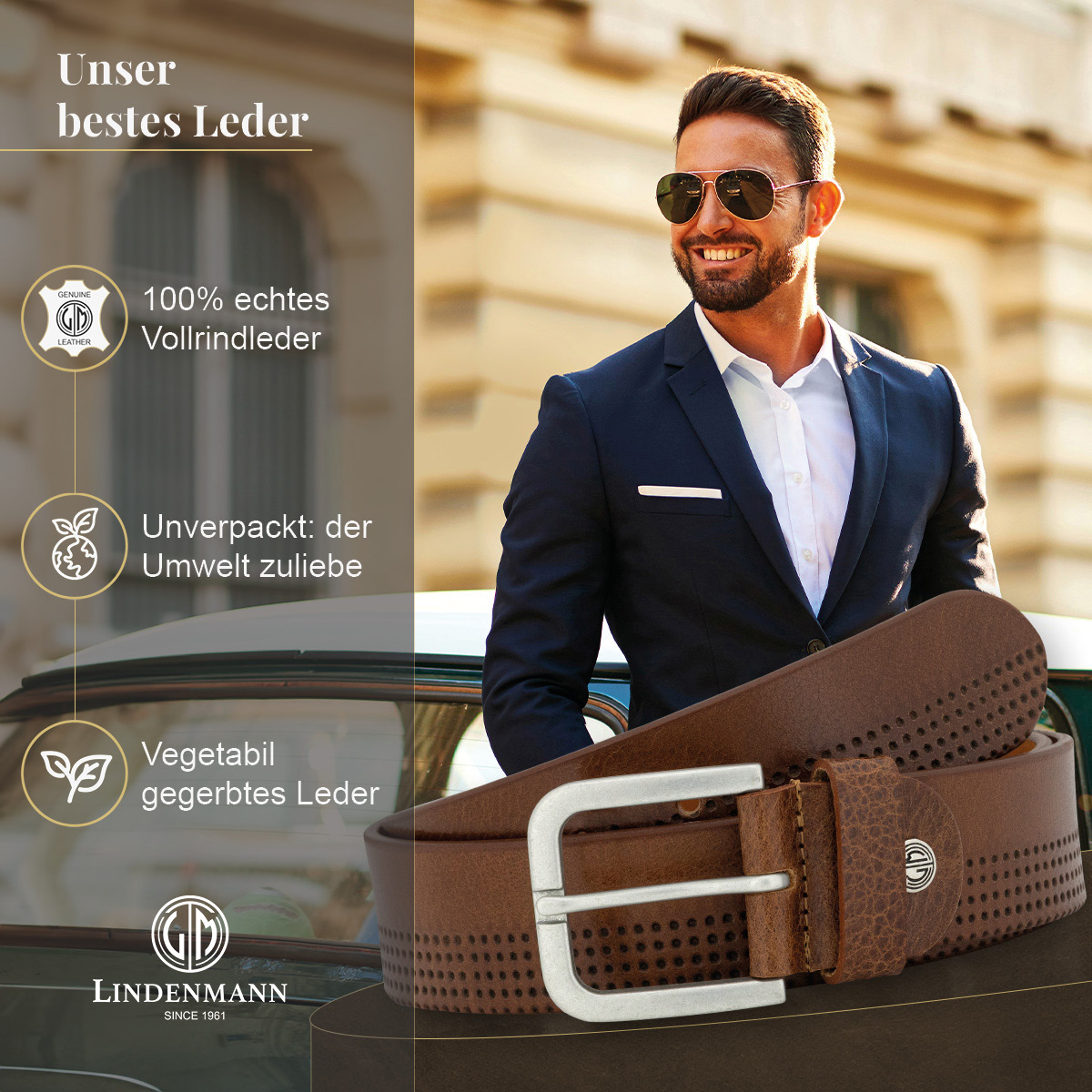 LINDENMANN Vollrindledergürtel Herren Nussbraun