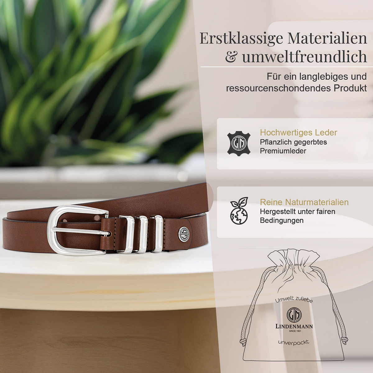 Ledergürtel, braun, Metall Buckle, einfache Schnalle, Naturmaterial, LINDENMANN Damen Vollrindledergürtel aus 100% Echtleder dunkelbraun