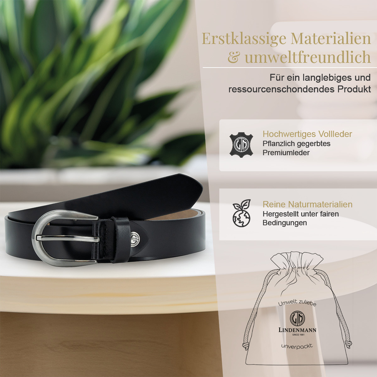 LINDENMANN Rindsleder Damengürtel Tiefschwarz