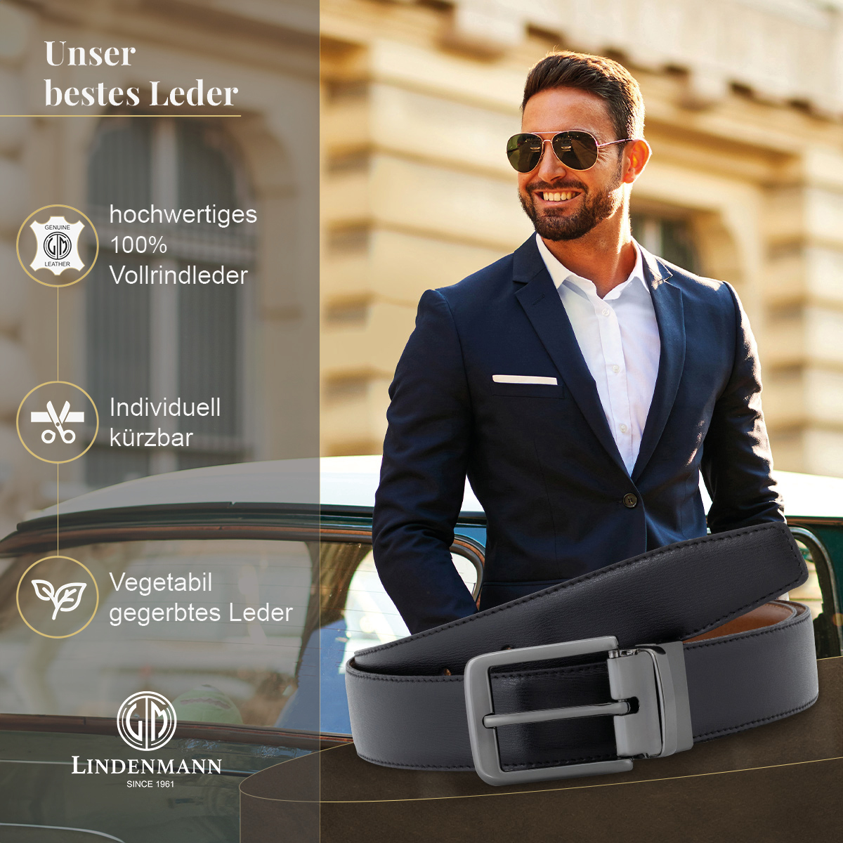 LINDENMANN Herrenwendegürtel aus 100% Vollrindleder schwarz/cognac