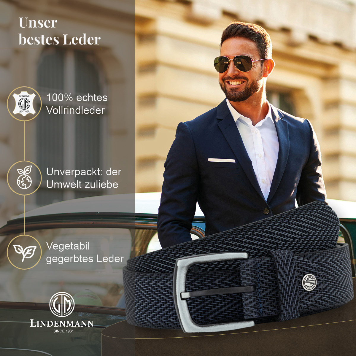 LINDENMANN Vollrindledergürtel Herren Marine