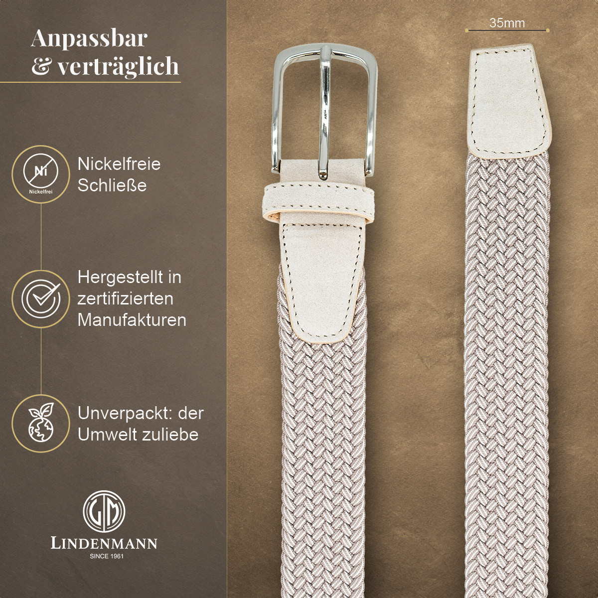 LINDENMANN Textilflechtgürtel Herrengürtel Creme-Beige