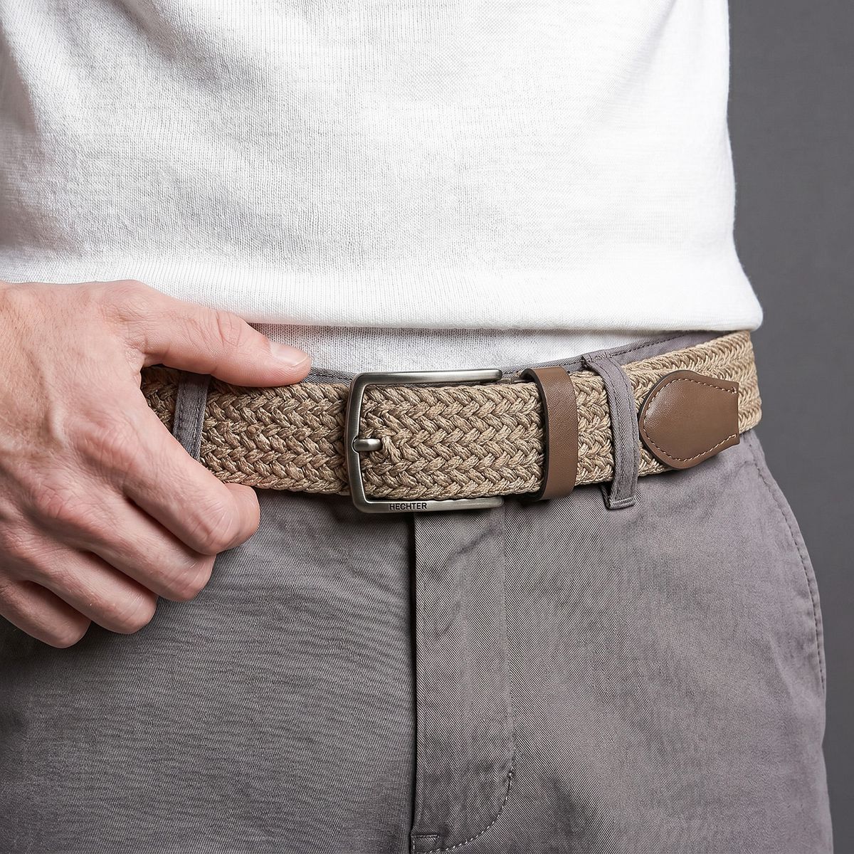 Gürtel, Geflochten, Kunstleder, Bronze, Herrenmode, HECHTER Paris Herren Textil-Flechtgürtel mit 100% Echtlederenden taupe