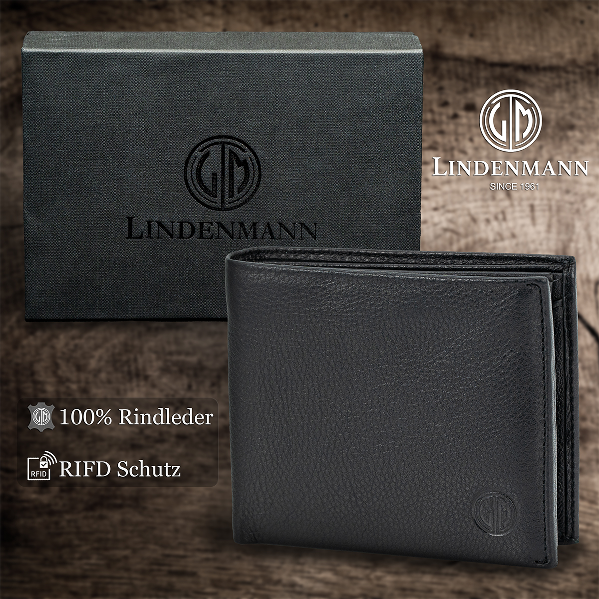 LINDENMANN Herren Leder Portemonnaie schwarz