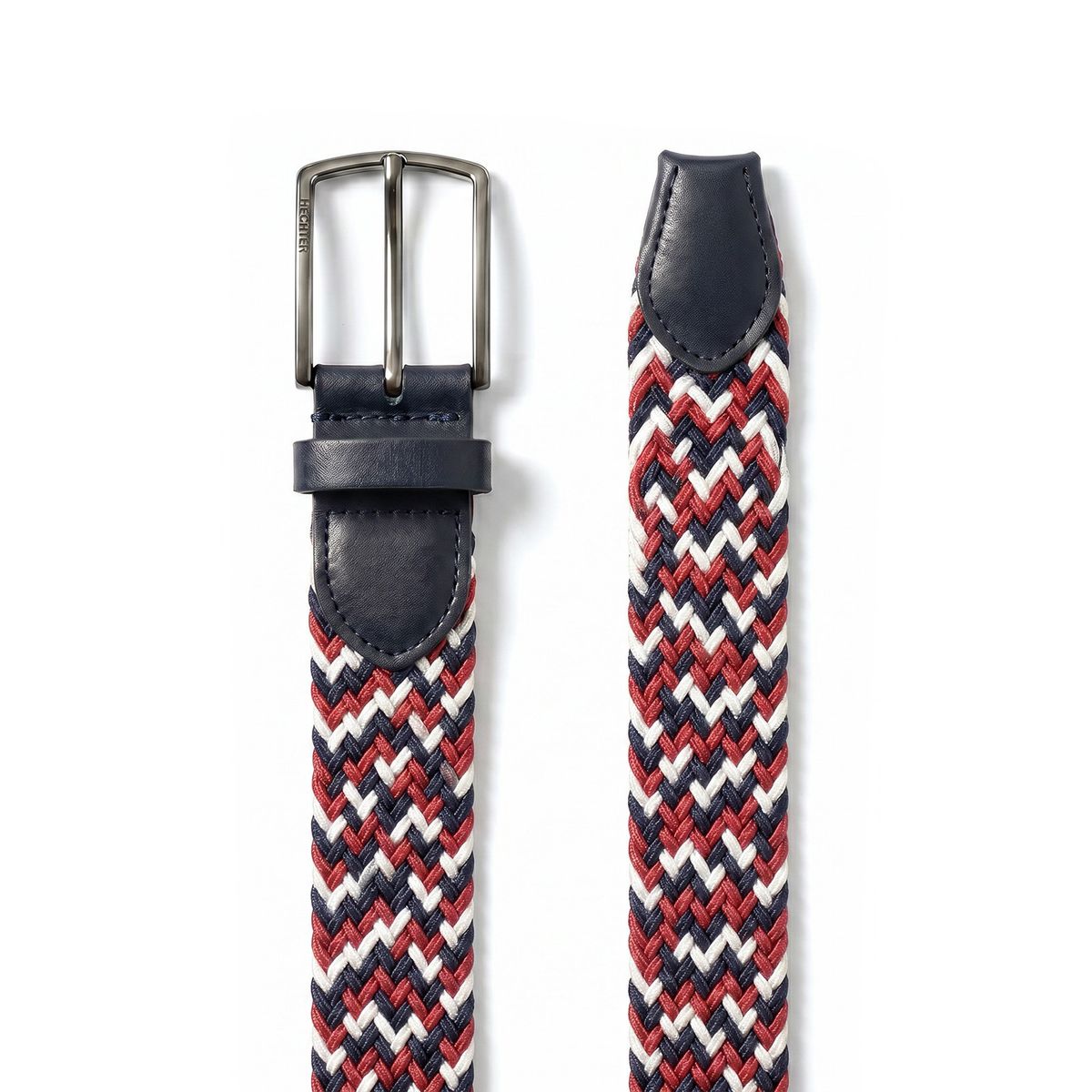 HECHTER Paris Herren Textil-Flechtgürtel mit 100% Echtlederenden rot/weiss/marine