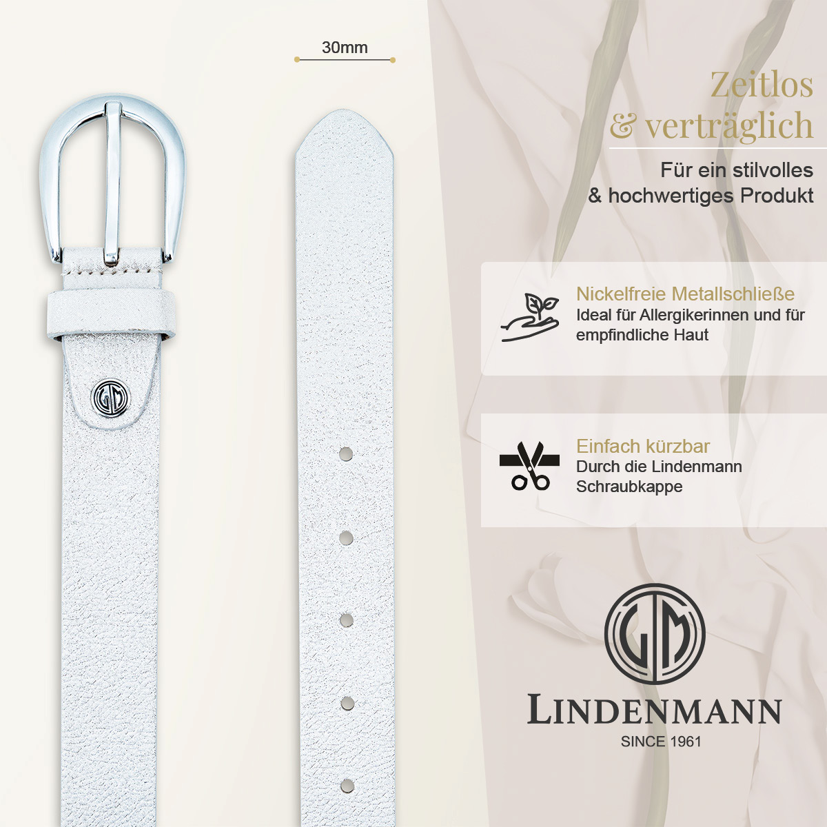 LINDENMANN Klassischer Damengürtel aus 100% Echtleder mit Glitzer-Design silber