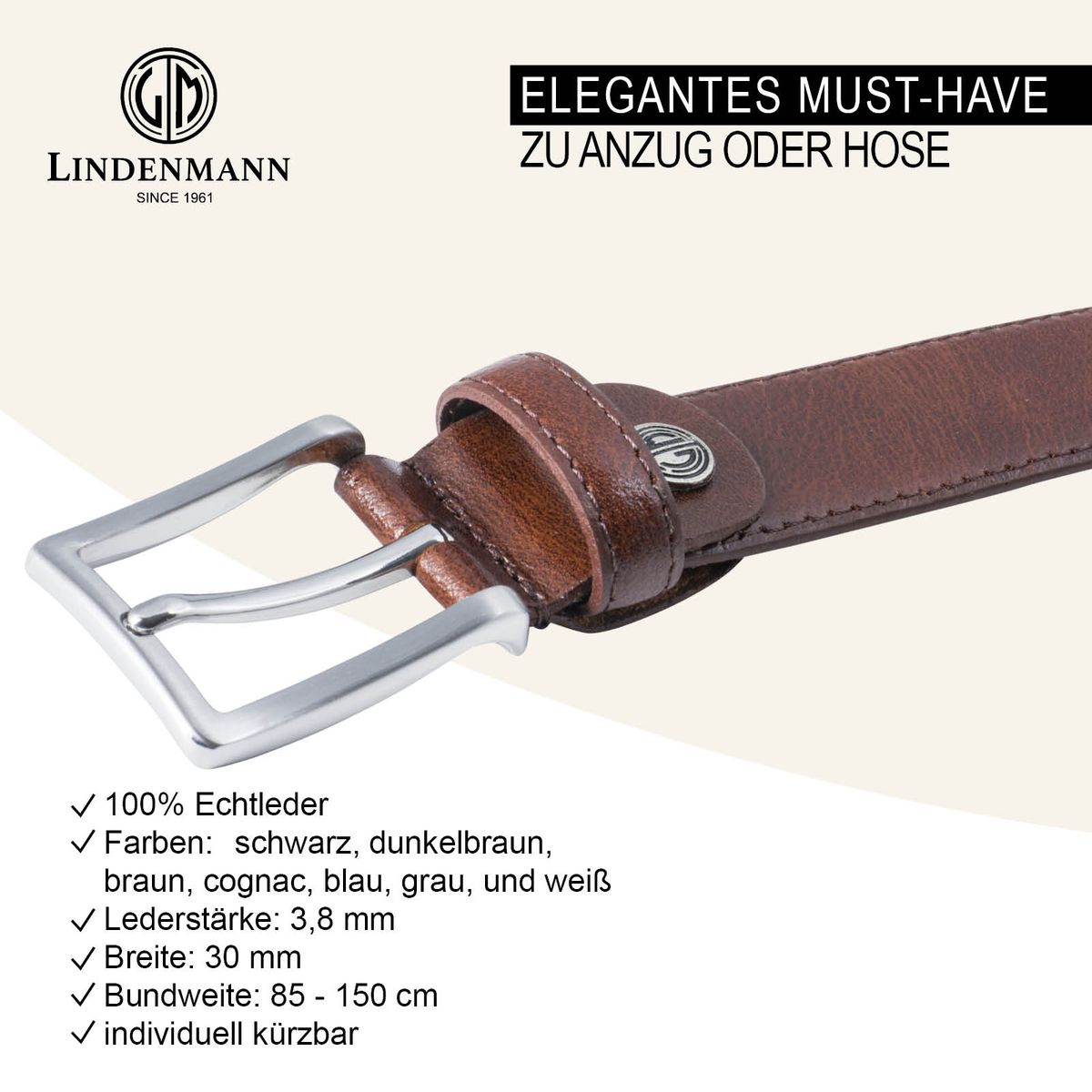 LINDENMANN Anzug-Ledergürtel Herren 35 mm Vollrind braun