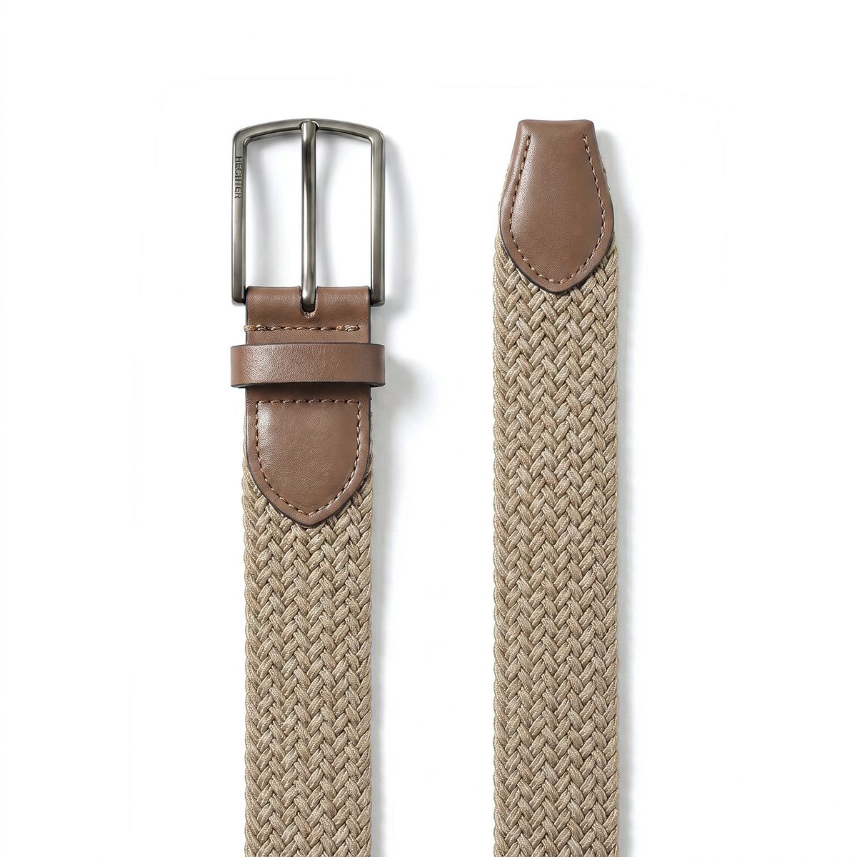 Gürtel, Kunstleder, Geflochtener Gürtel, Braun, Metallische Schnalle, HECHTER Paris Herren Textil-Flechtgürtel mit 100% Echtlederenden taupe
