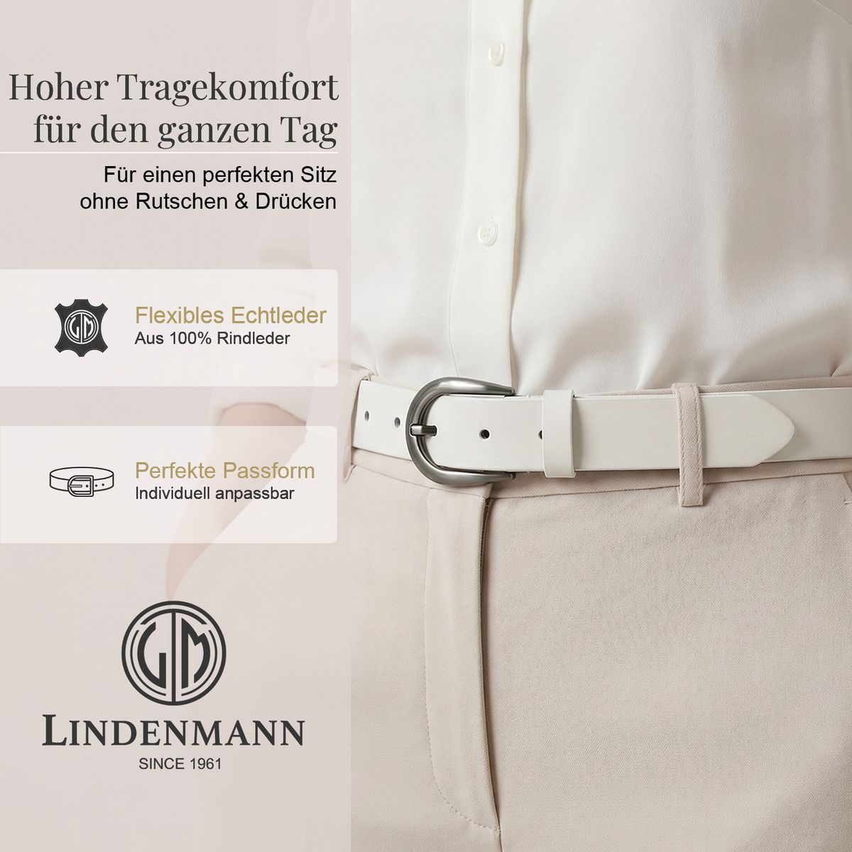 LINDENMANN Klassischer Damengürtel aus 100% Echtleder weiß