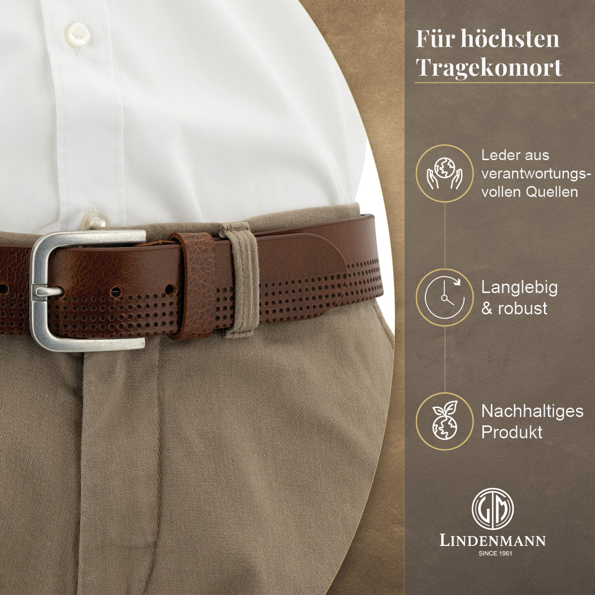 LINDENMANN Vollrindledergürtel Herren Nussbraun