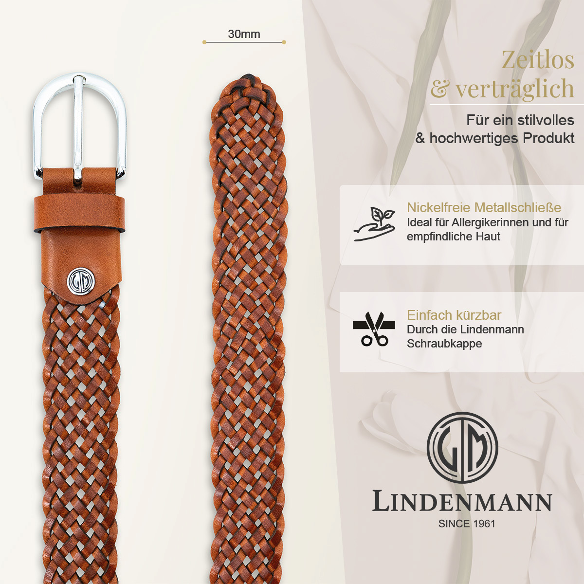 LINDENMANN Vollrindleder Damenlederflechtgürtel Cognac