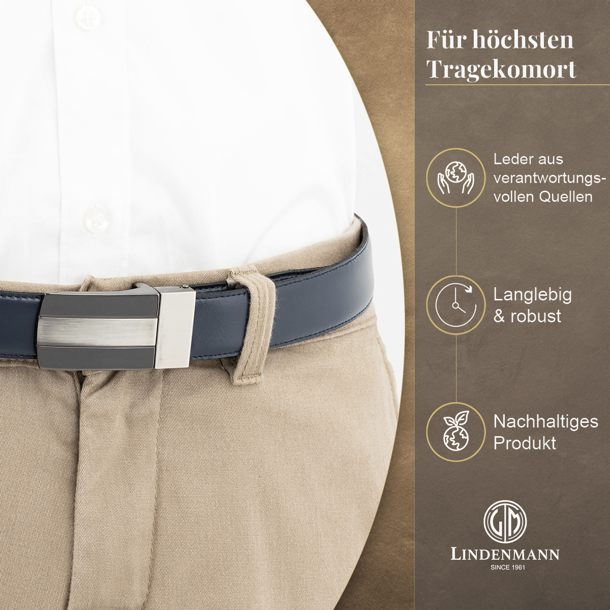 LINDENMANN Herrenwendegürtel mit Koppelschließe aus 100% Vollrindleder marine/cognac