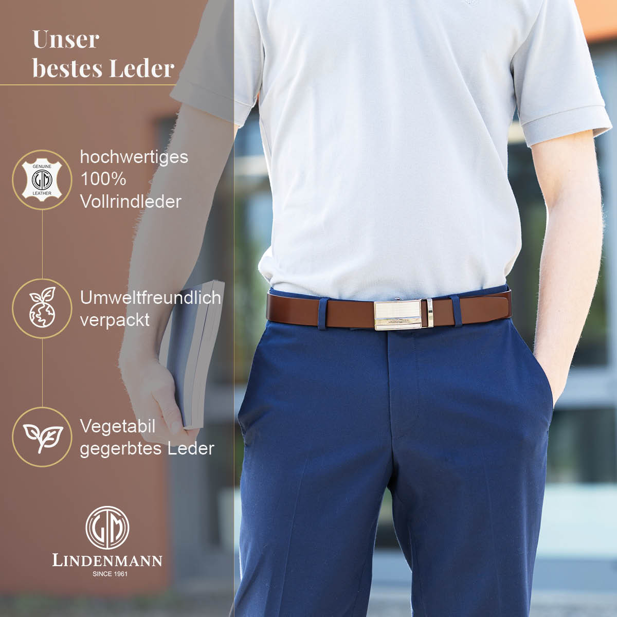 LINDENMANN Ledergürtel Automatikgürtel Herren cognac