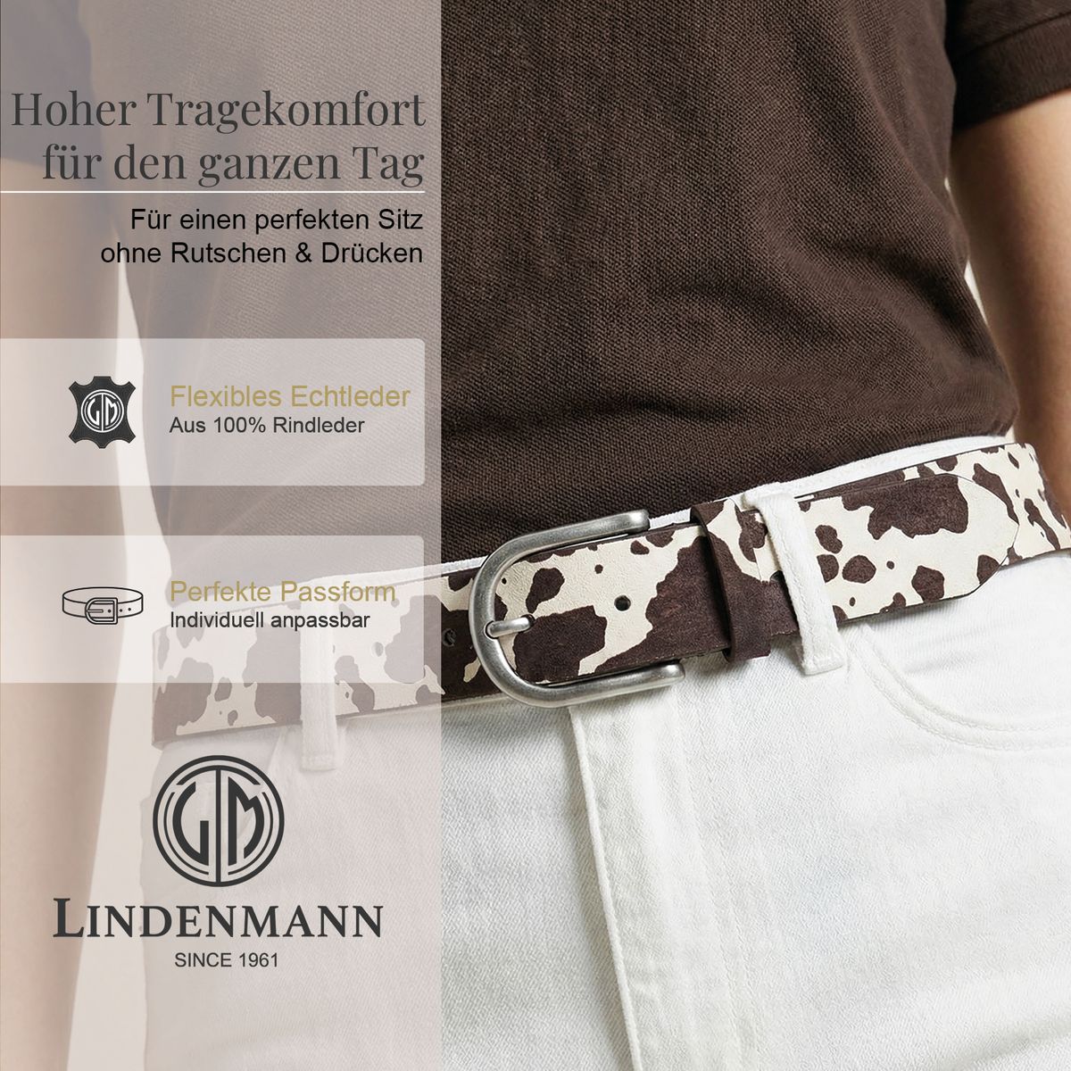 LINDENMANN Animal-Print Damengürtel aus 100% Echtleder braun-weiß