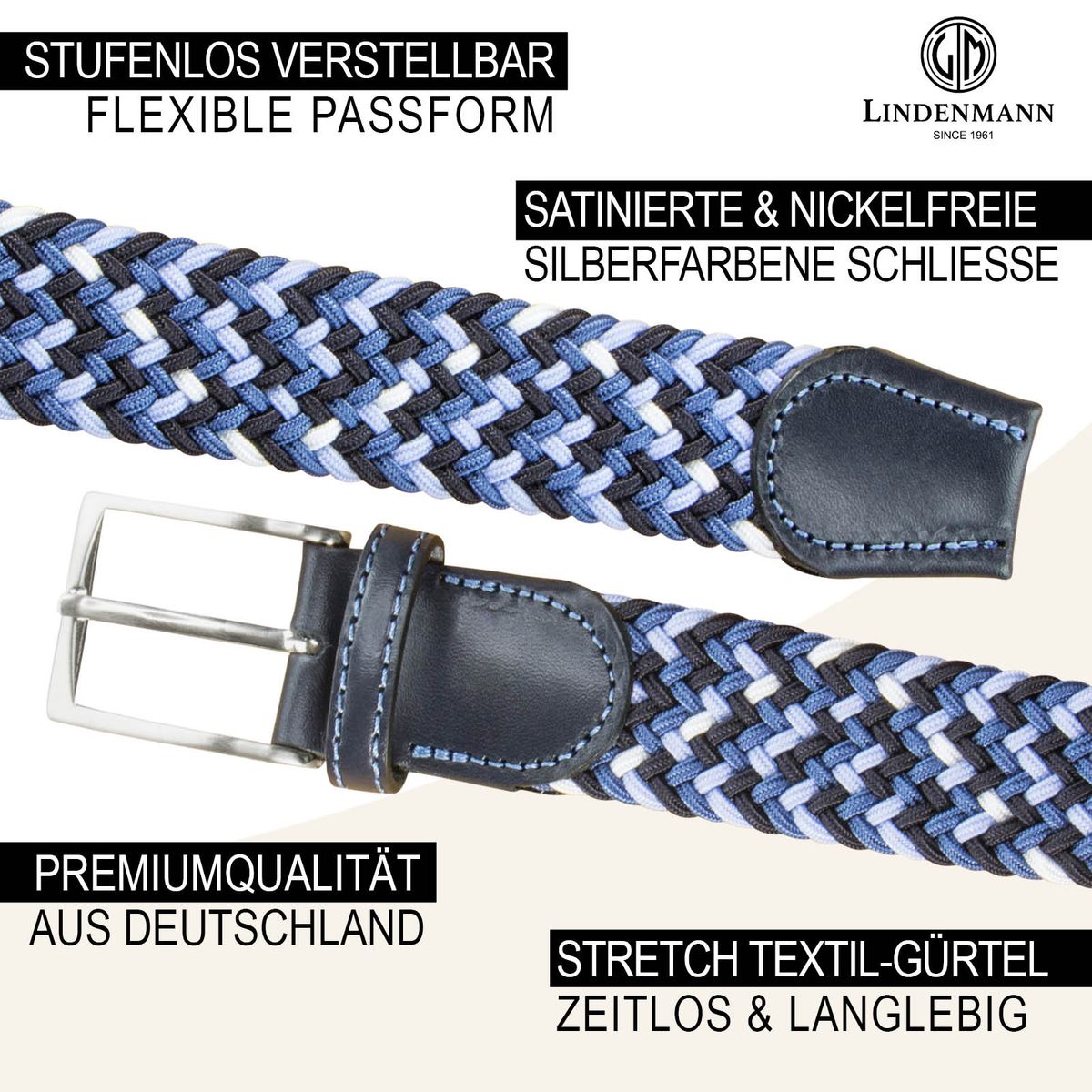 LINDENMANN Textil-Flechtgürtel Herren 35 mm Textilgürtel blau