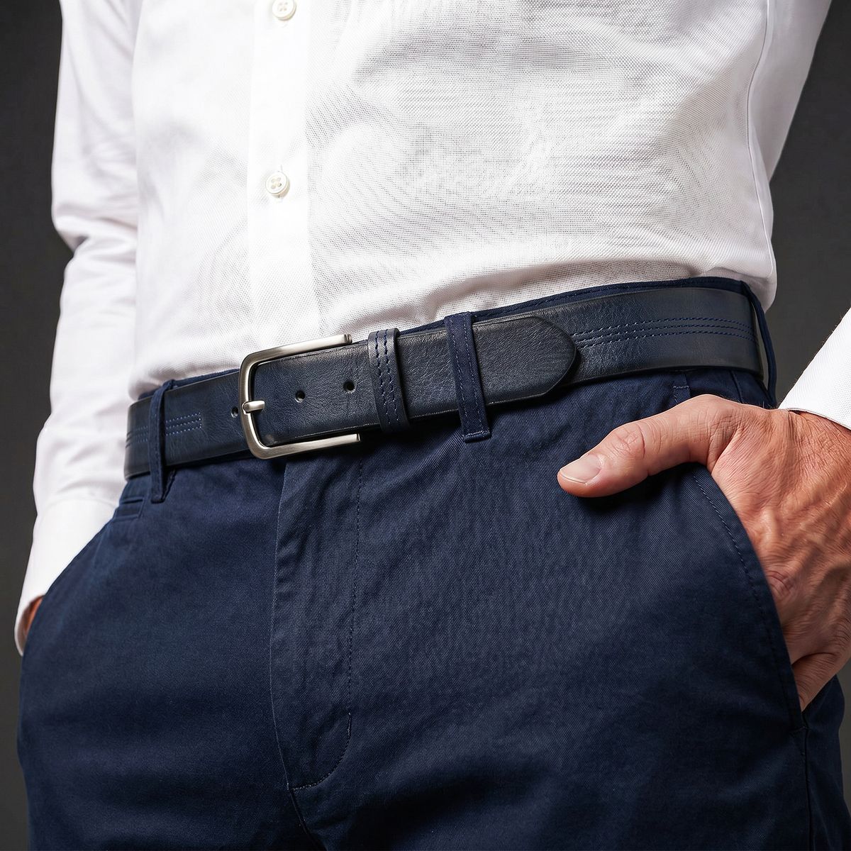 Hemd, Hose, Gürtel, Weißes Hemd, Marineblau, HECHTER Paris Herren Casual 100% Echtledergürtel marine