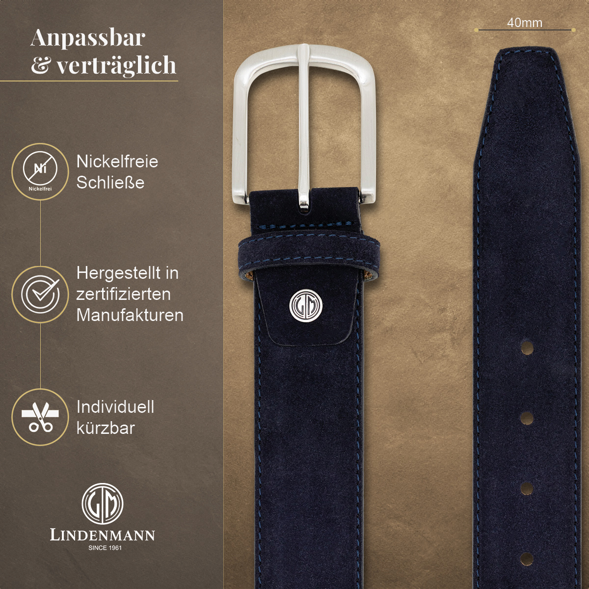 LINDENMANN Herrengürtel aus 100% Velours-Vollrindleder marine